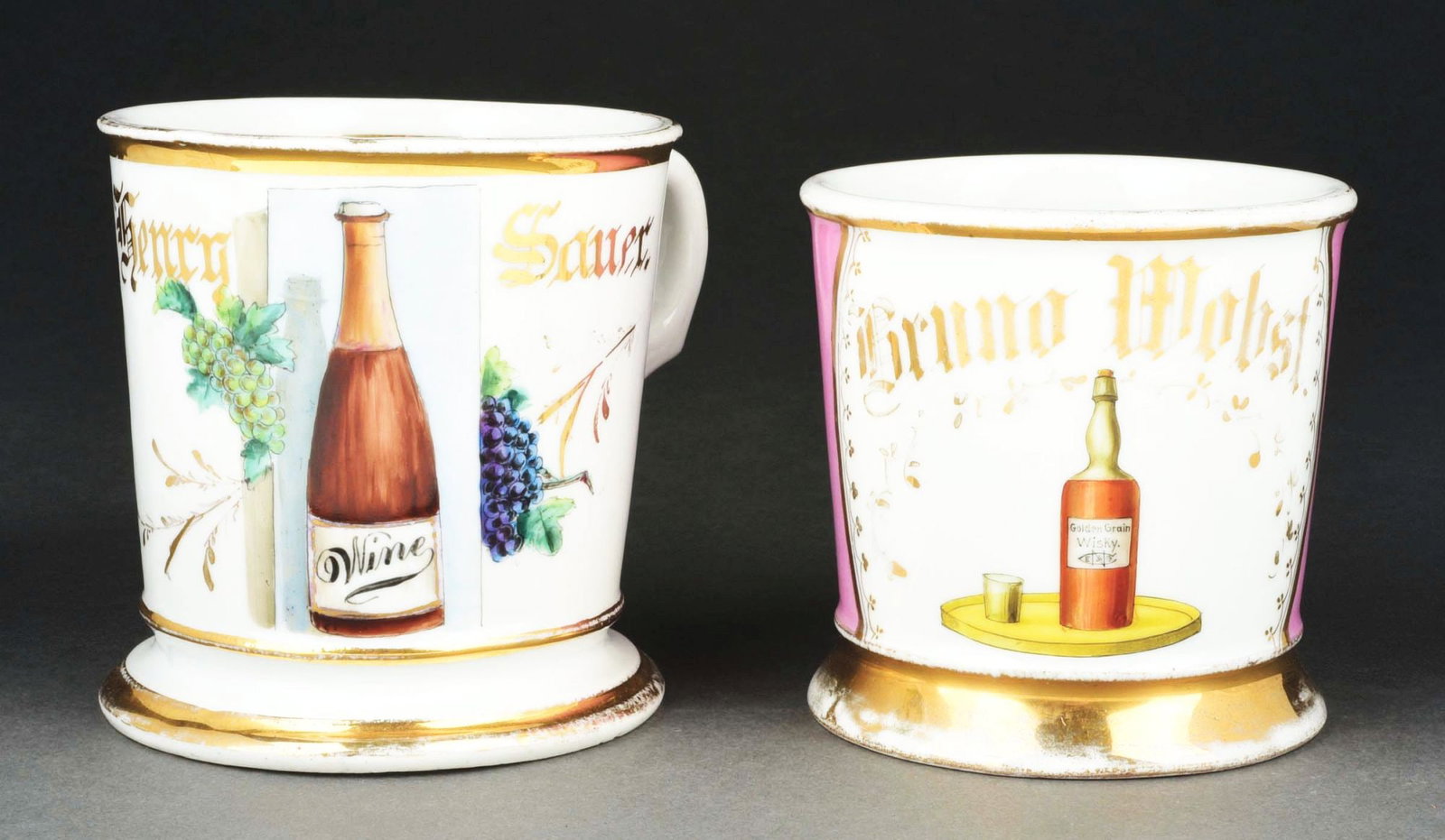 LOT OF 2: LIQUOR PRODUCER SHAVING MUGS.: Both have nice images of liquor. Includes one wine producer and one whiskey producer. Both have nice detail. Condition: (Excellent). Item Dimensions: Largest: 4 - 3/4" x 3 - 3/4" x 3 - 3/4".