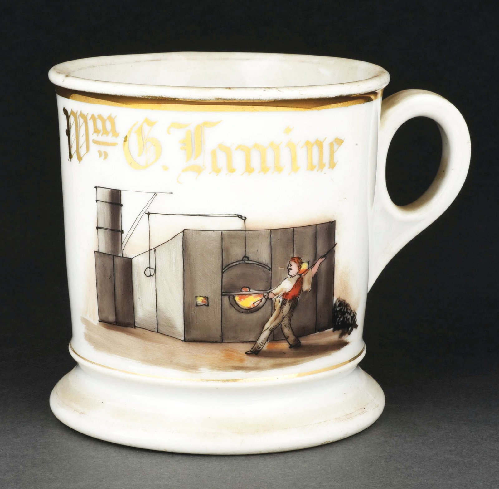 GLASS PRODUCER SHAVING MUG.: Has the name "WM. G. Kamine" in gold gilt. Mug is stamped "CFH/GDM" under base. Nice image of man heating up glass in oven. Condition: (Excellent). Item Dimensions: 4 - 3/4" x 3 - 3/4" x 3 - 3/4".