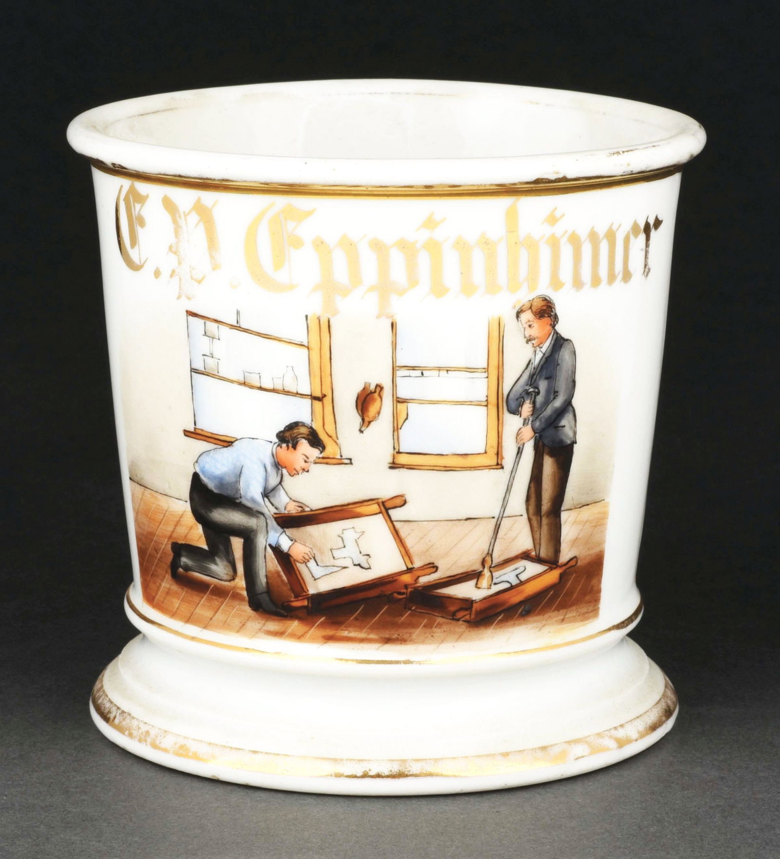 MOLD PRODUCER SHAVING MUG.: Has the name "C.P. Eppinhimer" in gold gilt. Mug is stamped "Limoges France" under base. Detailed image of man producing molds to produce glass. Condition: (Excellent). Item Dimensions: 4 - 3/4" x 3 -