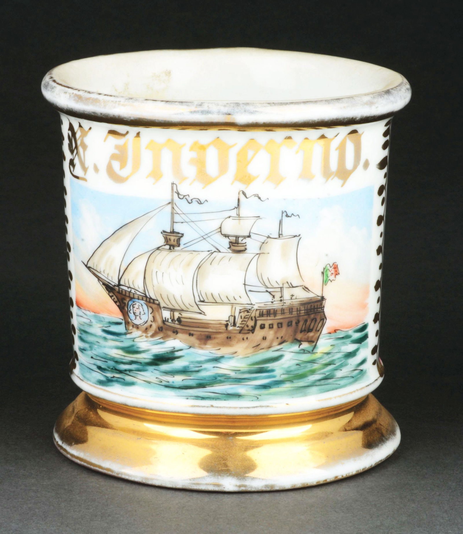 SHIP MAKER SHAVING MUG.: Has the name "N. Giperno" in gold gilt. Pink wrap. Stamped "JC Pavary" under base. Nice image of early boat. Condition: (Excellent). Item Dimensions: 4 - 3/4" x 3 - 3/4" x 3 - 3/4".