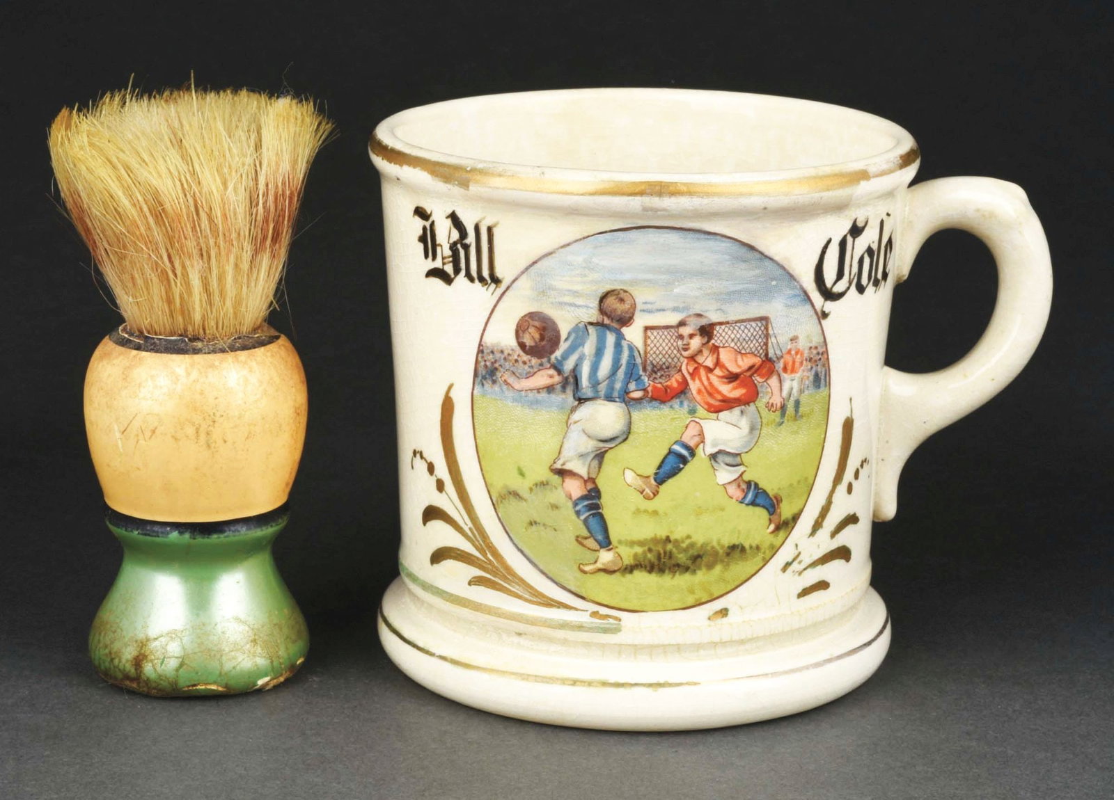 SOCCER PLAYER SHAVING MUG.: Has the name "Bill Cool" in black lettering. Crazing throughout. Condition: (Excellent). Item Dimensions: 4 - 3/4" x 3 - 3/4" x 3 - 3/4".