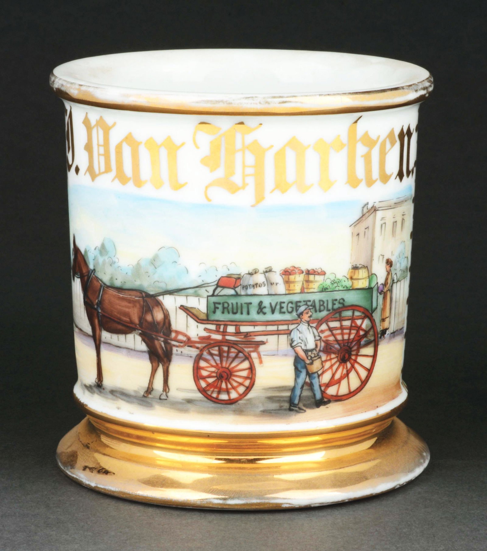 HORSE-DRAWN FRUIT AND VEGETABLE DELIVERY TRUCK SHAVING MUG: Has the name "J. Van Harken" in gold gilt. Comes with green wrap. Detailed image of fruit and vegetable horse-drawn delivery cart. Condition: (Excellent) Item Dimensions: 4 - 1/2" x 3 - 1/2" x 3 - 1/2