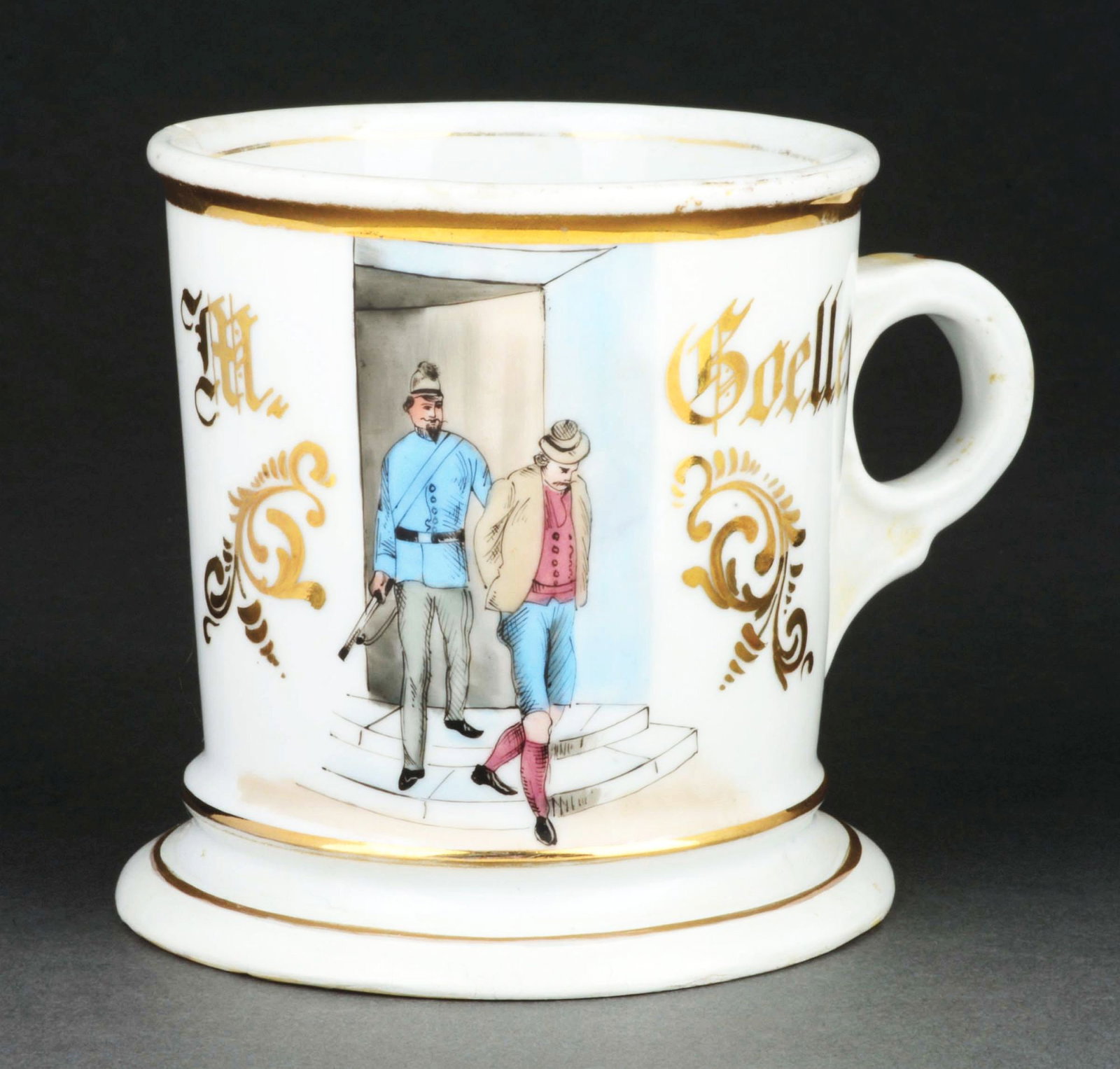 POLICE OFFICER SHAVING MUG.: Has the name "M. Goeller" in gold gilt. Mug is stamped "C.A. Smith Barber Supplies" under base. Condition: (Excellent). Item Dimensions: 4 - 3/4" x 3 - 3/4" x 3 - 3/4".