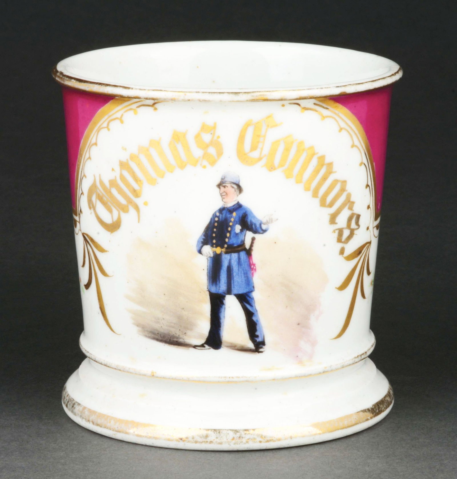 POLICE OFFICER SHAVING MUG.: Has the name "Thomas Connors" in gold gilt. Mug has purple wrap. Stamped "T&V" under base. Condition: (Excellent). Item Dimensions: 4 - 1/2" x 3 - 1/2" x 3 - 1/2".