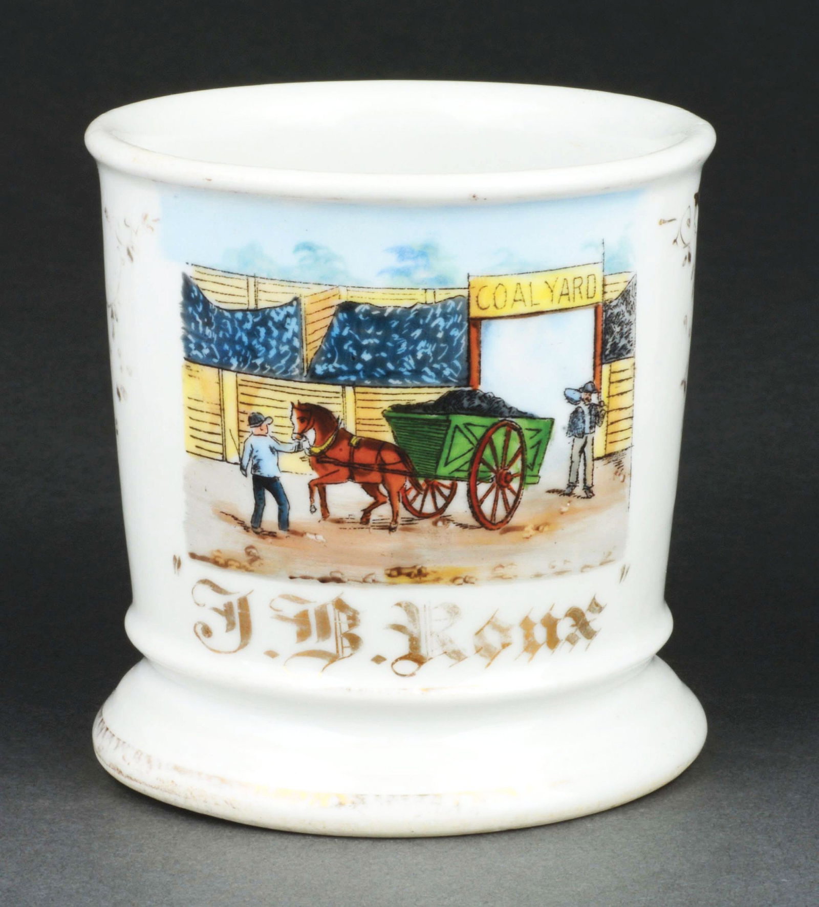 COAL YARD OPERATOR SHAVING MUG.: Has the name "J.B. Roux" in gold gilt. Mug has the no. "507" written under base. Detailed image of man leading a horse-drawn coal cart from coal yard. Condition: (Excellent). Item Dimensions: 4 - 1/2"