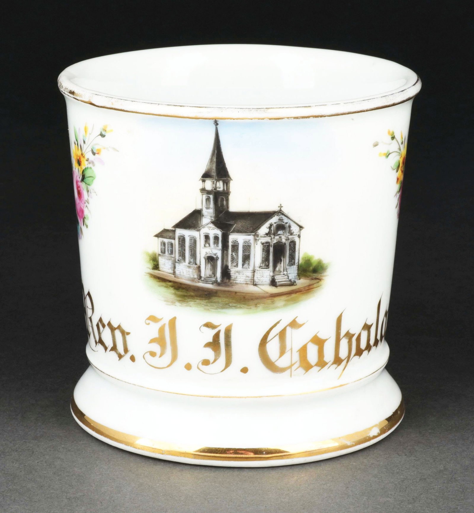 PASTOR SHAVING MUG.: Has the name "Rev. J.J. Cabalan" in gold gilt. Mug is numbered "2932" under base. Floral design on outside. Detailed image of church. Condition: (Excellent). Item Dimensions: 4 - 1/2" x 3 - 1/2" x 3 -