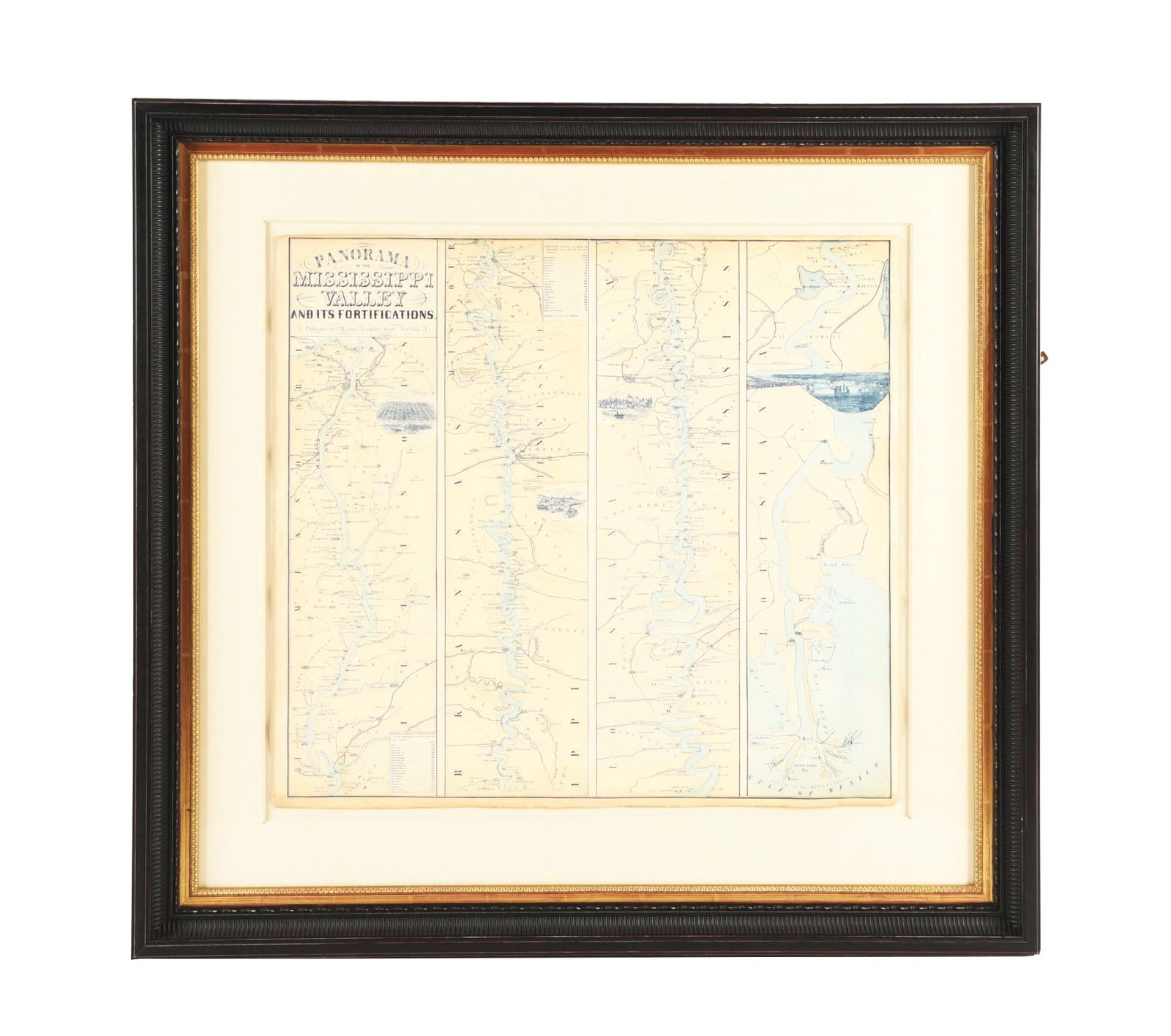 PANORAMA MAP OF THE MISSISSIPPI VALLEY AND ITS FORTIFICATIONS.: Issued by the enterprising publisher Charles Magnus in New York, this large lithographic map of the Union blockade of the Mississippi features a range of beautiful salmon and light blue colors. C. 186