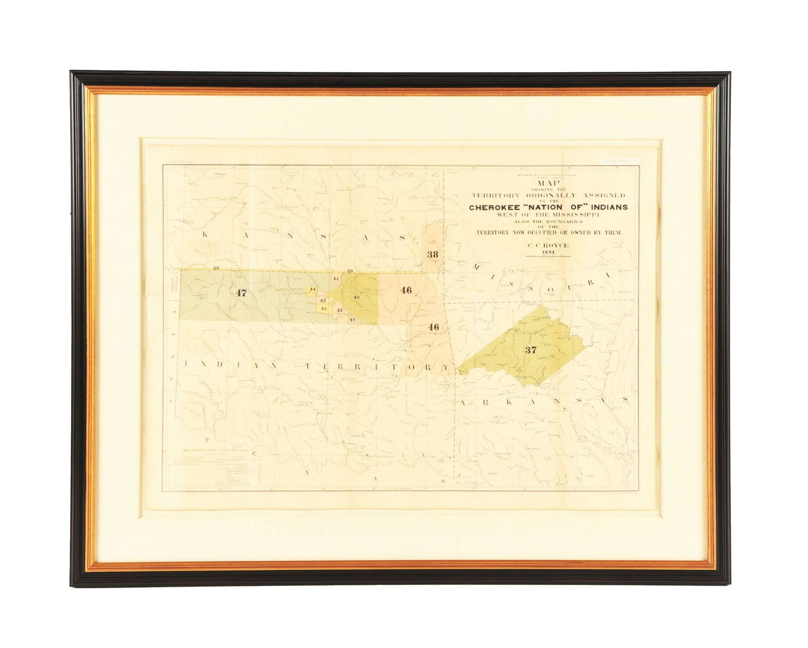 MAP SHOWING THE TERRITORY ASSIGNED TO THE CHEROKEE.: C.C. Royce. Large map showing the "Cherokee Strip" in Indian Territory, and land assigned the Cherokees in Arkansas and Kansas. Map shows original cession in Arkansas as well as later cessions in Kans