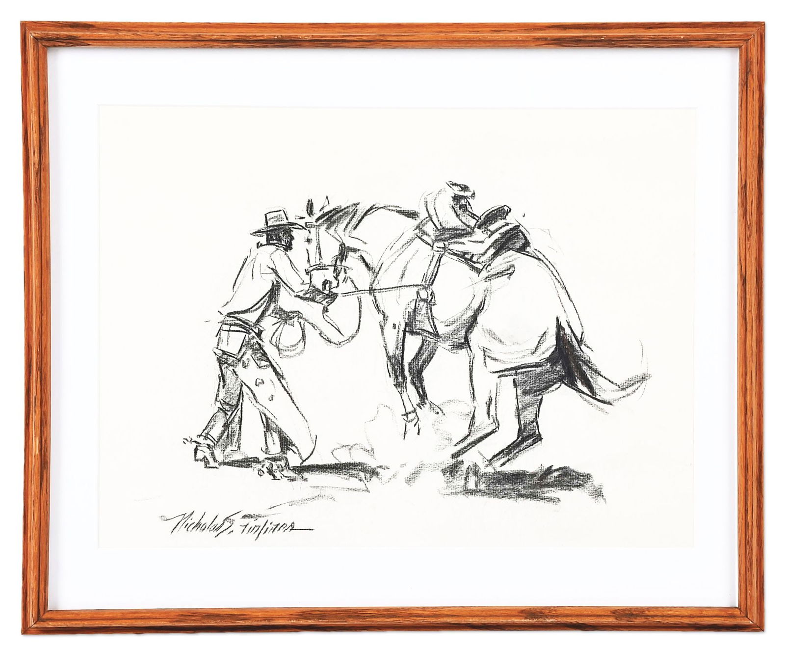 NICHOLAS FIRFIRES (1917-1990): Saddling a Wild One Charcoal on paper 11 1/2" x 15 1/2" Signed lower left: "Nicholas S. Firfires" Framed to 16" x 19 1/2" Circa 1960s. Provenance: From the Nicholas Firfires Estate, with letter of pro