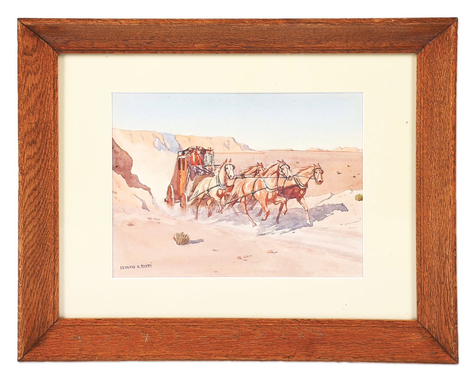 LEONARD H. REEDY (1899-1956): Untitled (Stagecoach) Watercolor 8" x 11" Signed lower left: "LEONARD H. REEDY" Framed to 17" x 21 1/2" Ex: Buck Jones estate. Letter from the family