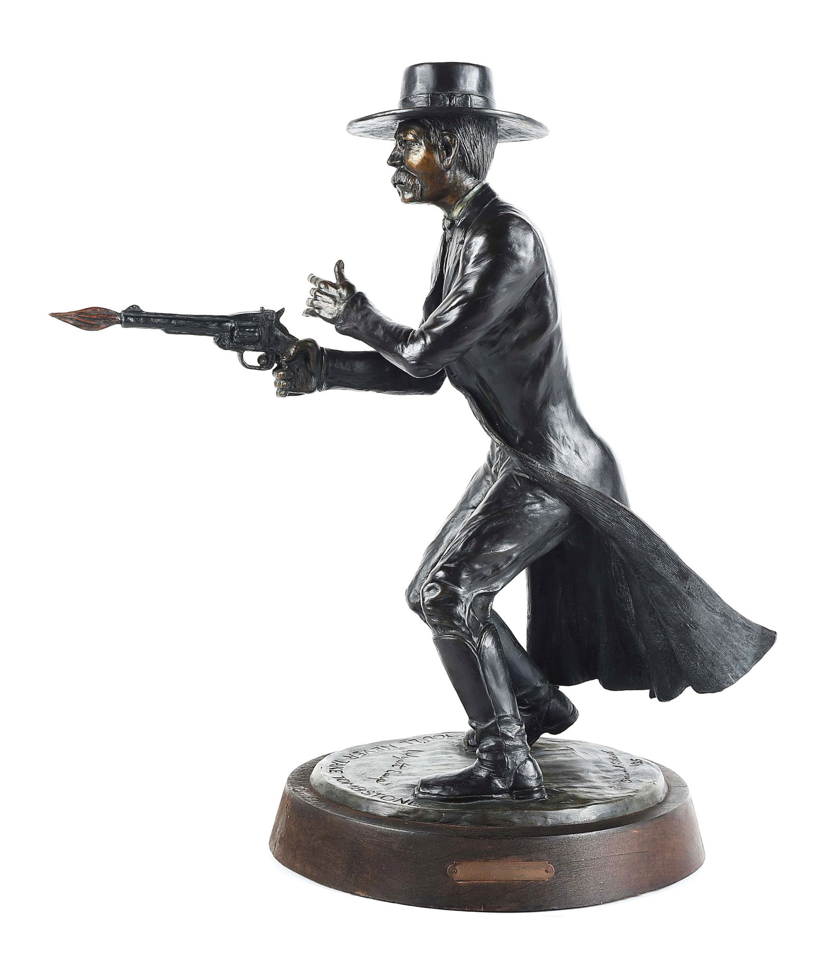 SHAWN STEWART (20TH C.): You'll Never Take Tombstone / Wyatt Earp Bronze 21 1/2" x 6" x 14" Signed and numbered "1/35" in the bronze 2" wood base This is not a standard shippable item and will require 3rd party shipping or pi