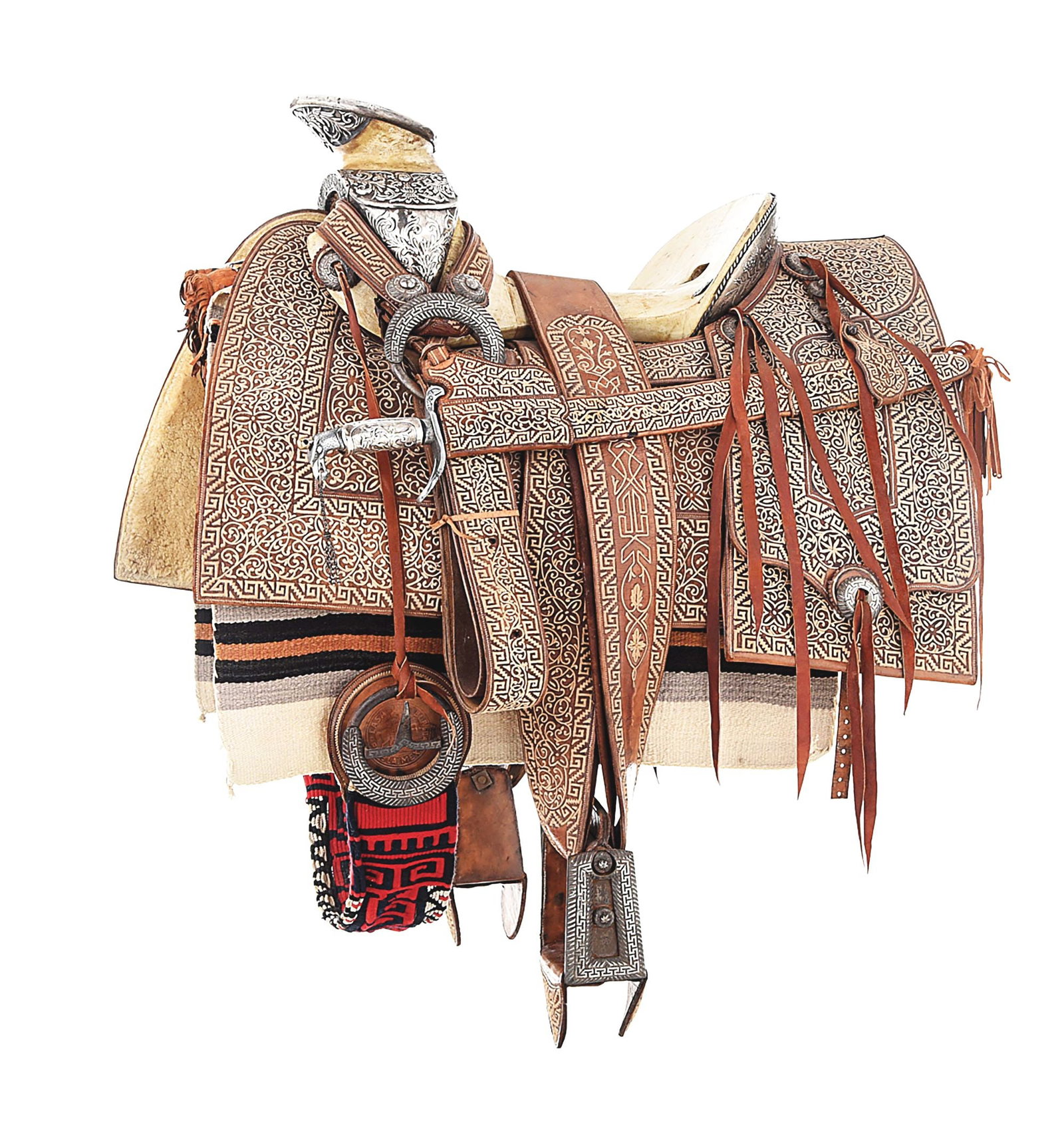 STUNNING MEXICAN SADDLE WITH MATCHING SWORD, SCABBARD, CINCH AND CHAPS: Regal in stature, with lavish, very intricate and complex Maguey cactus fiber piteado stitching, this regal Vaquero saddle rig made in Puebla, Mexico is stamped on the inside of the exposed rawhide ca