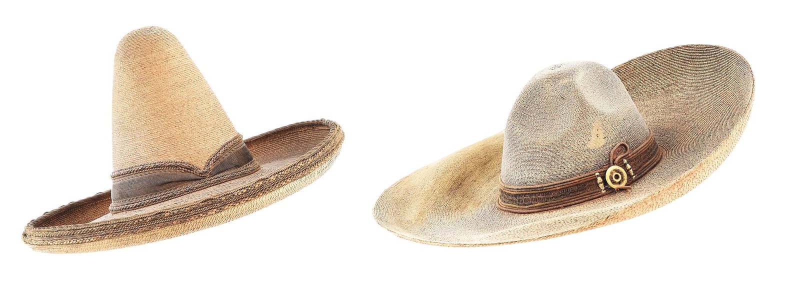 LOT OF 2 STRAW MEXICAN SOMBREROS: a) A high 9" crown quality hat with braided bound edge on the 5" brim. 2" wide decorative band with rope edge. b) A vintage hat with 6" crown and 6" brim. Well-worn and shows dirt and stains. Bone dec