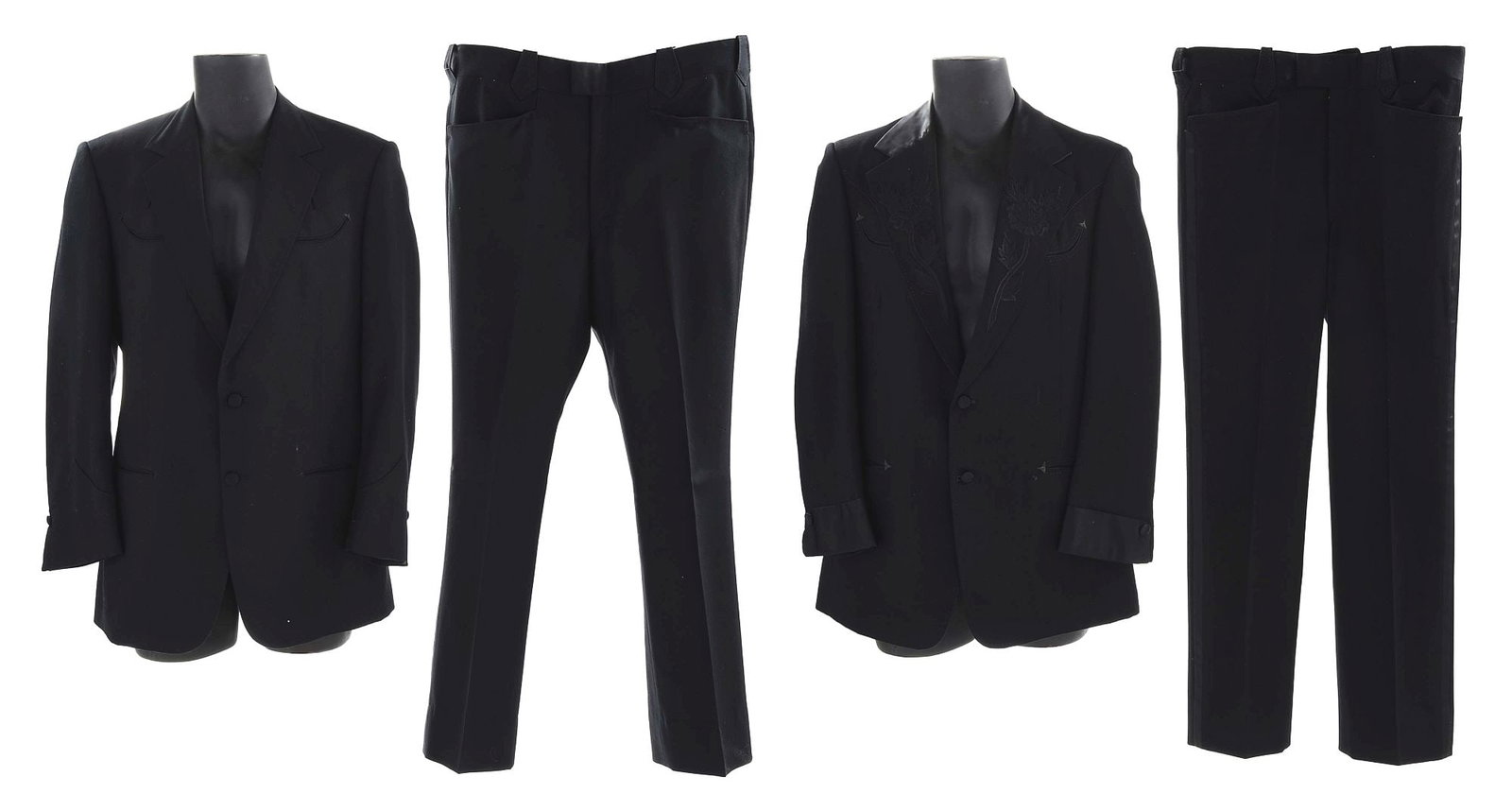 REX ALLEN'S BLACK NUDIE'S TUXEDOS: Two Nudie's black tuxedo jacket and pant sets custom-made for Rex Allen. The first features an embroidered jacket collar, smile front pockets, black satin lined neck/wrists and is in excellent conditi