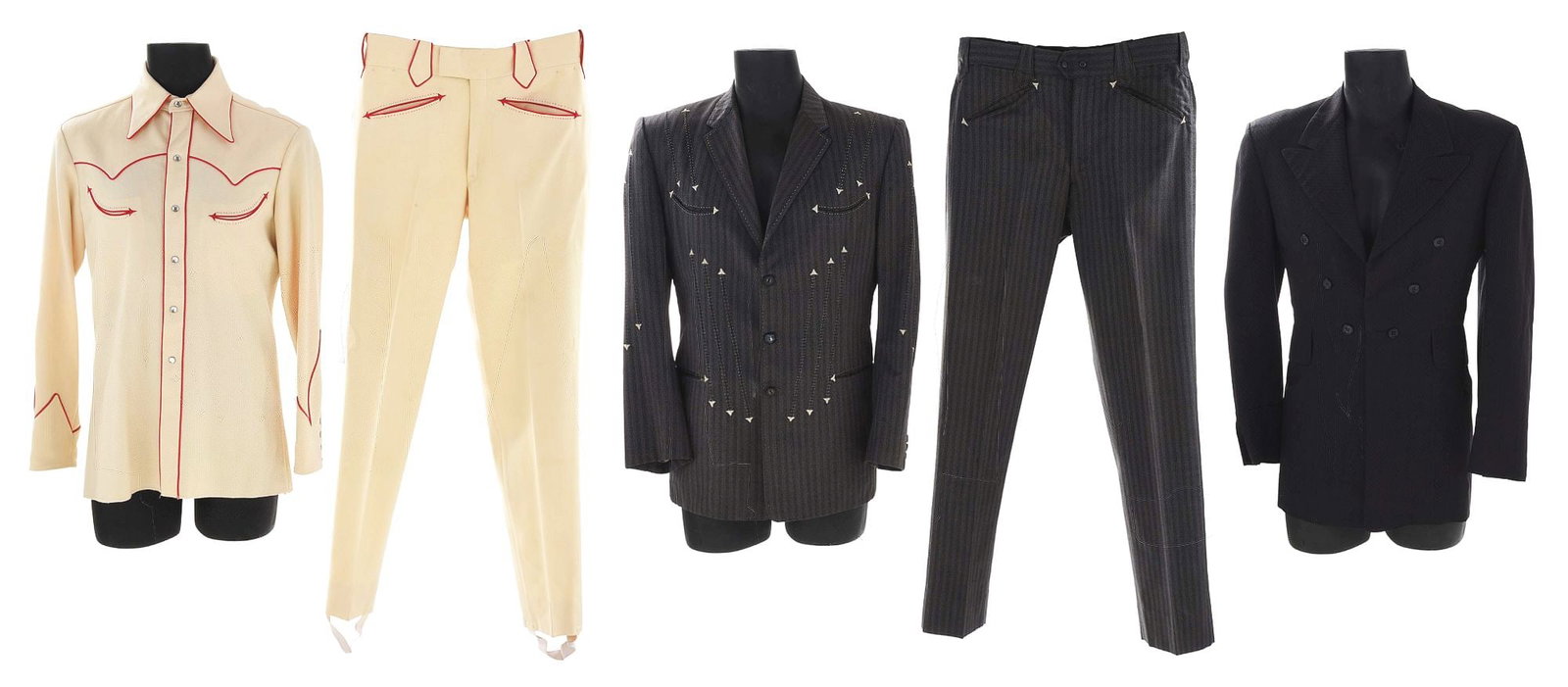 A LOT INCLUDING REX ALLEN'S WARDROBE PANTS & SHIRT, NUDIE'S "FRONTIER DOCTOR" LONG COAT: a) A screen worn black Nudie's long coat custom made for Rex Allen and used on the set of “Frontier Doctor”. In excellent condition. The jacket measures 18 1/2" from shoulder to shoulder, 