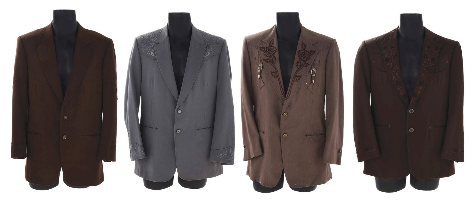 A REX ALLEN WARDROBE LOT, NUDIE'S JACKET, MANUEL JACKET, NUDIE'S SPORTSCOAT AND A BROWN MANUEL: a) Brown Nudie's suit jacket custom made for Rex Allen Jr. Features gray/blue stripes and brown piping on the lapel, with a two-button closure, smile pockets and silver rope-edged buttons. Moth damage