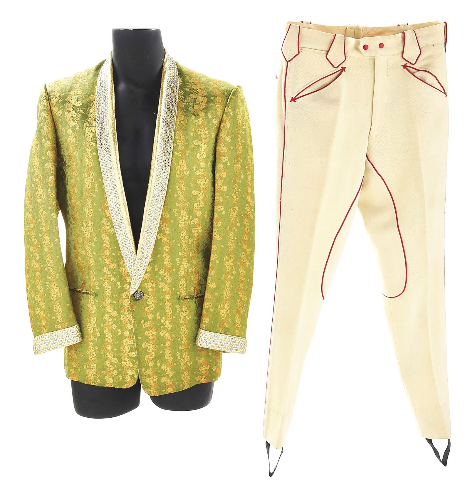 REX ALLEN'S FANCY GREEN NUDIE'S DINNER JACKET W/ PANTS: Green Nudie's one-button fancy dinner jacket custom-made for Rex Allen. The jacket features gold lamé collar and sleeves with brown paisley lining. A pair of ivory pants that Rex wore with this j