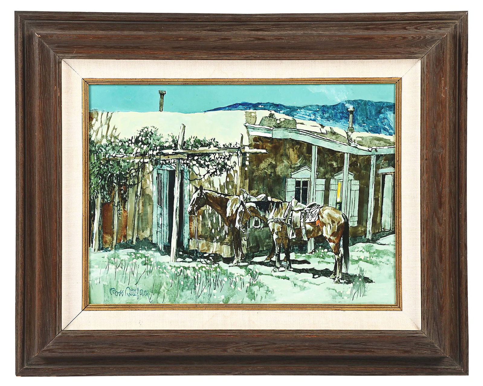 ROSS STEFAN (1934-1999): Untitled (Nocturnal, horses waiting) Oil on canvas 16" x 22" Signed lower left: "Ross Stefan" Framed to 25 1/2" x 31 1/2"