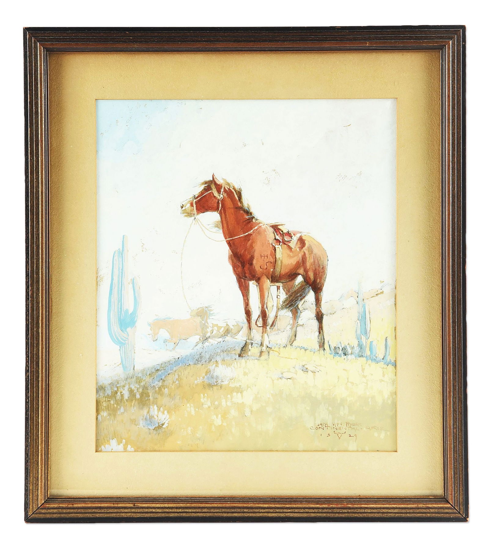 JACK VAN RYDER (1899-1967): The Call of the Open Range Mixed media on board 14" x 12" Signed lower right: "Jack Van Ryder / Continental -Ariz. / 1929" with steer head Framed to 20" x 18" Exhibited: Brooklyn Museum 1931, tag atta
