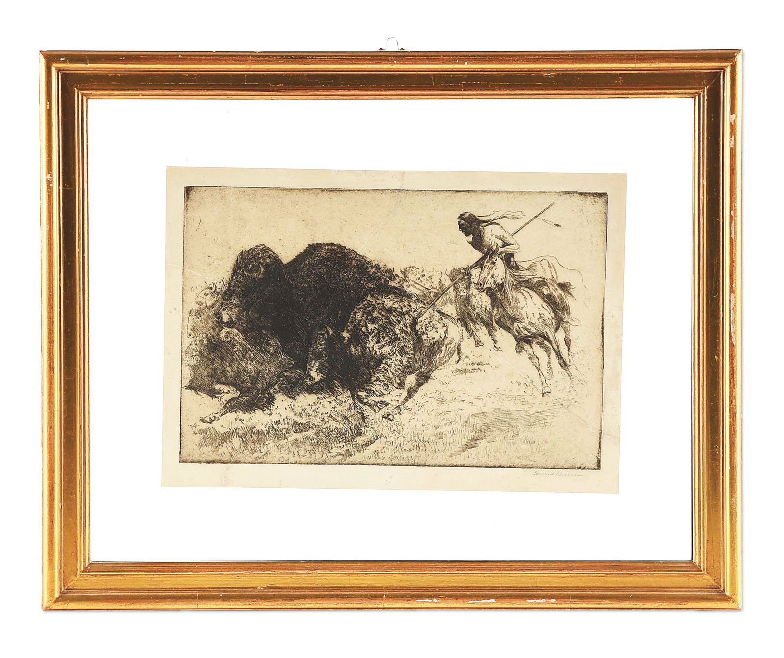 EDWARD BOREIN (1872-1945): Etching printed on both sides of the paper and framed in glass on each side. Side 1, Mission San Antonio De Padua, No. 2, signed in pencil lower right, 9" x 13". Side 2, Buffalo Runnier, 9" x 13", sig