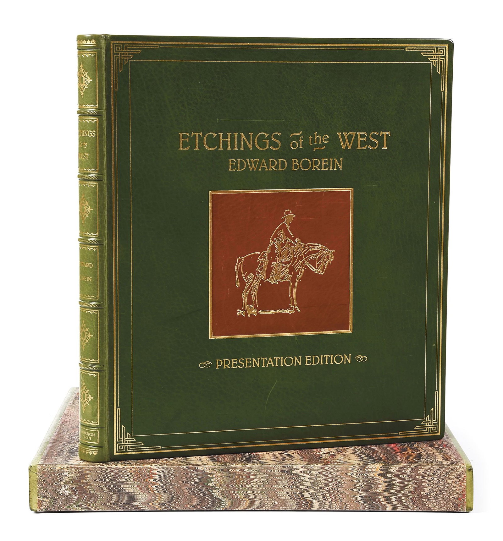 ETCHINGS OF THE WEST - EDWARD BOREIN - PRESENTATION: A fine leather-bound edition of "Etchings of the West" pulled from original Borein plates authenticated by Harold Davidson, Copyright John T. Reynolds / May 2002 / Santa Barbara, California. Cinch Bin