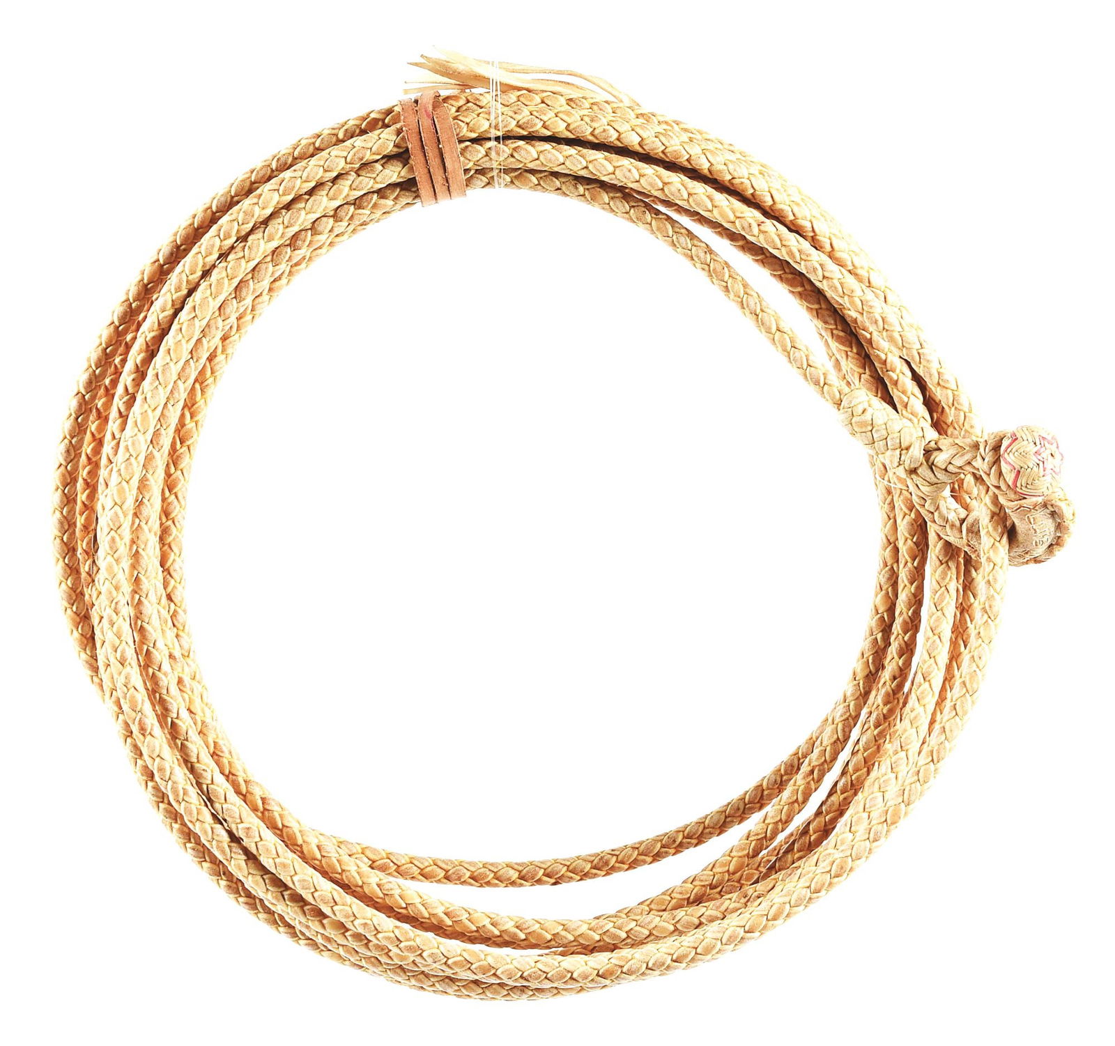 LUIS B. ORTEGA 30' RAWHIDE REATA: 16-strand, 30” long, 3/8” wide rawhide reata with red interweaves on the hondo along with the name, "Norma and Luis Ortega". Unused condition, circa 1980s. Provenance: High Noon Collection