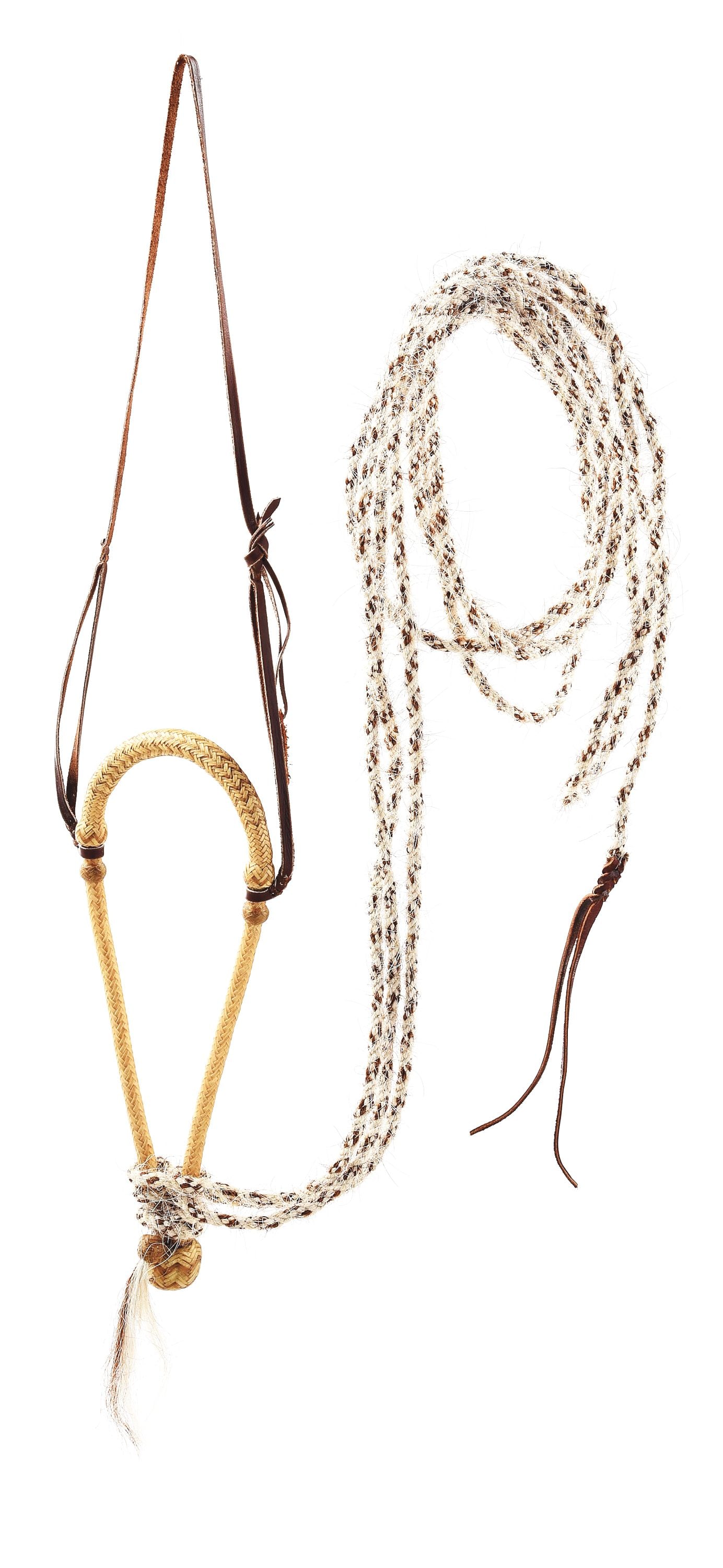 MEL LAWSON (B. 1942) HACKAMORE: 14” long all-natural rawhide bosal with light brown interweaves attached to natural white and brown horsehair rope. Unused condition. In September of 2007 Mehl Lawson was invited to join the TCA
