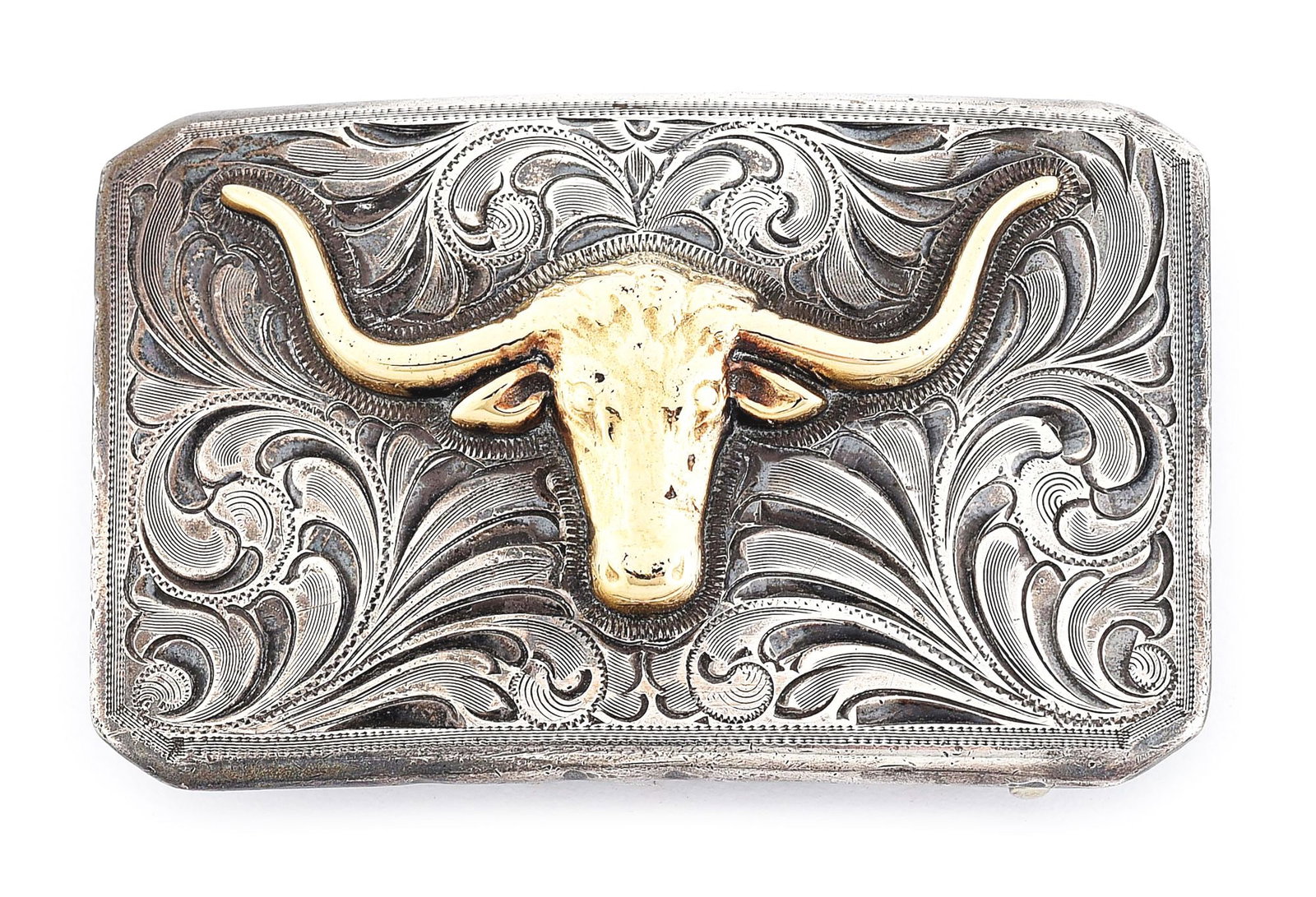 EDWARD H. BOHLIN LONGHORN BUCKLE: Measuring 2” x 3”, this "Bohlinmade / Hollywood / Calif." longhorn buckle with the pre-1980 football shaped Bohlin maker-mark is deeply and artistically engraved. Excellent condition, circ