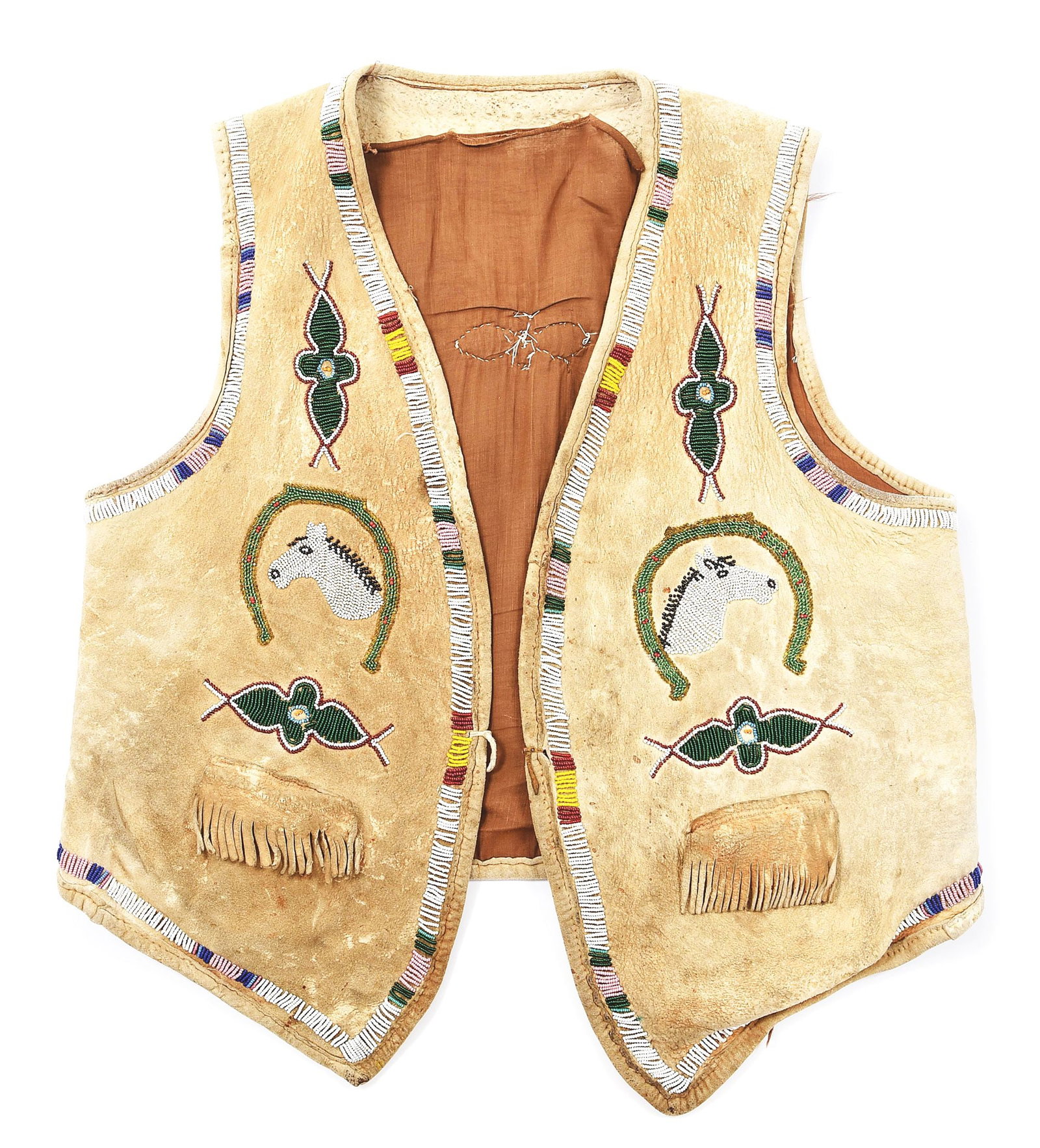 BEADED PICTORIAL VEST: A vintage mid-century Native beaded "Wild West" vest, front featuring horse heads and horseshoes, the back having a red steer, all accented with colorful beaded designs and edges. Fringed pockets and 