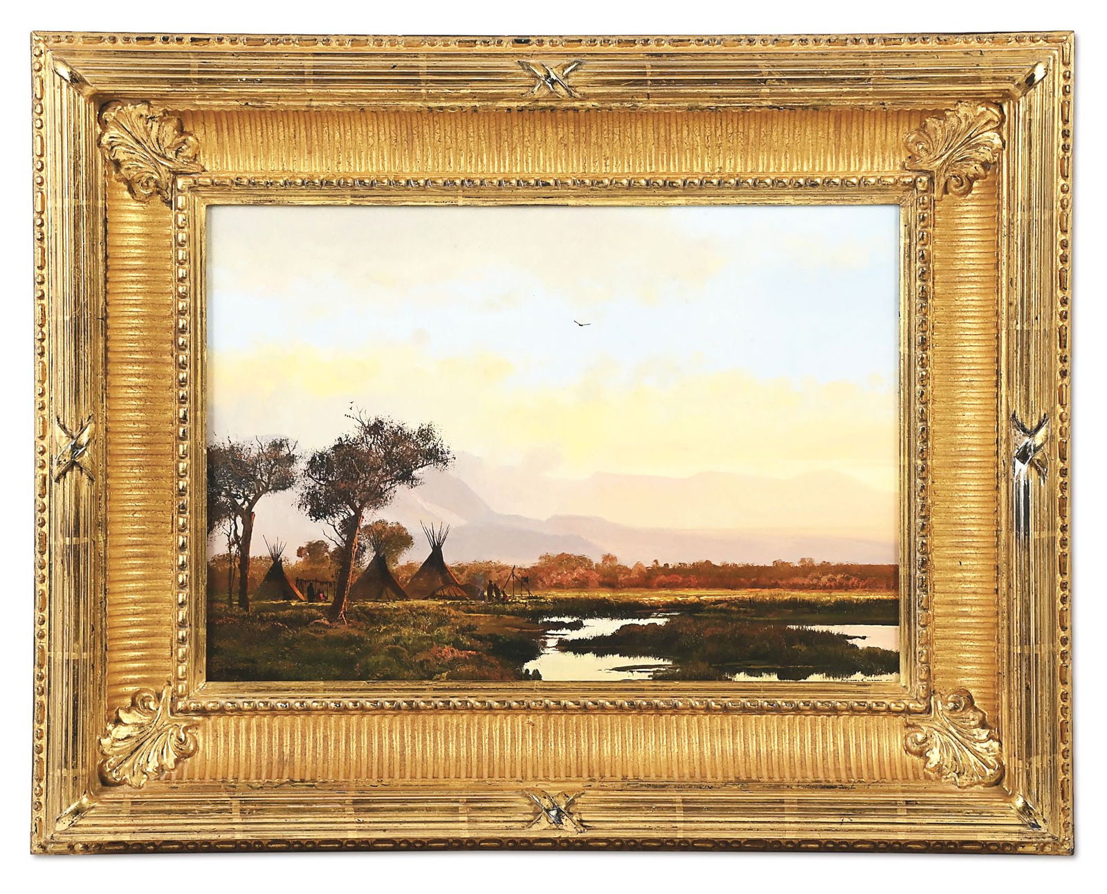 MICHAEL COLEMAN (B.1946): Untitled (Indian encampment) Oil on board 14" x 20" Signed lower right: "Michael Coleman" Framed to 24" x 30" Ex: Dick Burdick Collection