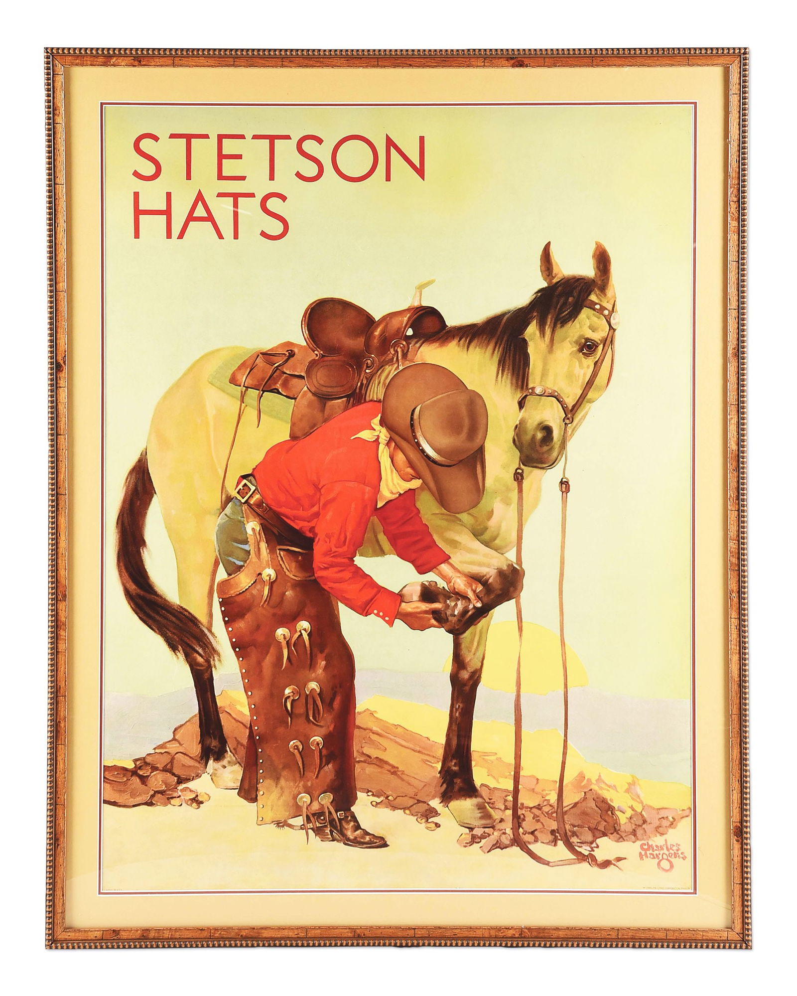 ORIGINAL STETSON HATS ADVERTISING POSTER BY CHARLES HARGENS: A fabulous and scarce Stetson advertising poster using an image by Charles Hargens (1893-1997). A wonderful scene of a cowboy and his horse done in brilliant colors. The poster is in excellent conditi