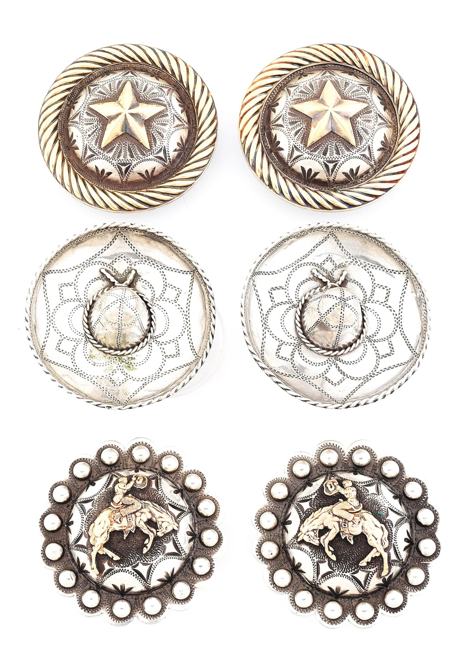 3 PAIR OF SILVER CONCHOS: BILL HEISMAN (1) & ROB SCHAEZLEIN (2): a) Bill Heisman (TCA) maker-marked 21/4” sterling sombrero shaped conchos b) R. Schaezlein & Son maker-marked 21/4” sterling & 12K gold scalloped bucking horse conchos c) "R. Schaezlein & 