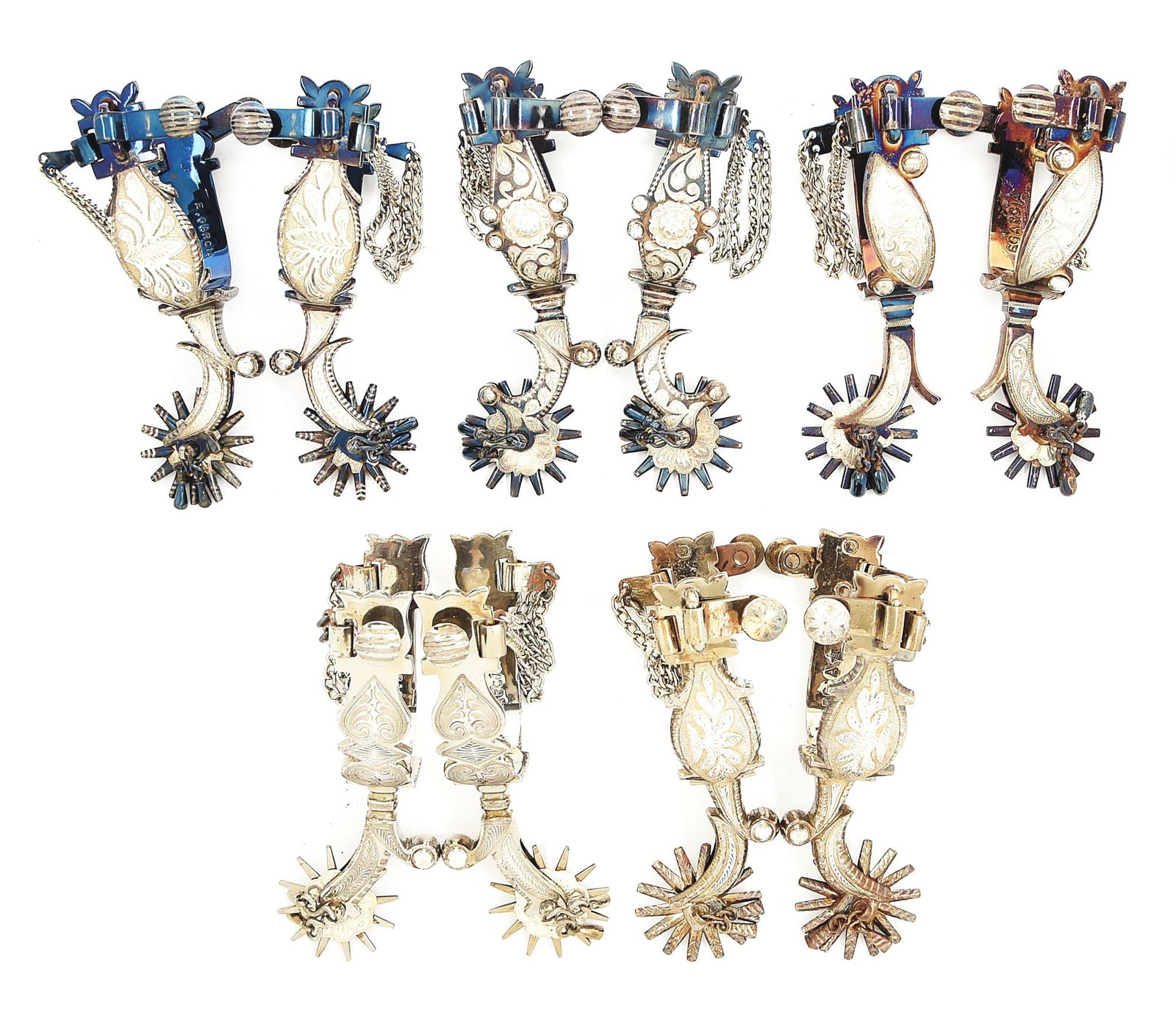 LOT OF 5 PAIR OF E. GARCIA SPURS: All fancy pattern California style spurs, each pair mounted with jingle bobs and each have silver inlaid bands.