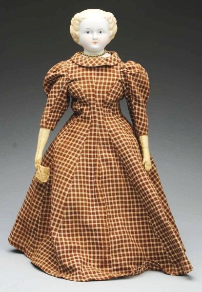 Serene Parian Lady Doll.: White bisque shoulder head (large piece of side front shoulder broken out and glued in), blonde hair in 1860s style, painted blue eyes, molded upper eyelid, tapered brown eyebrows, pink cheeks, closed