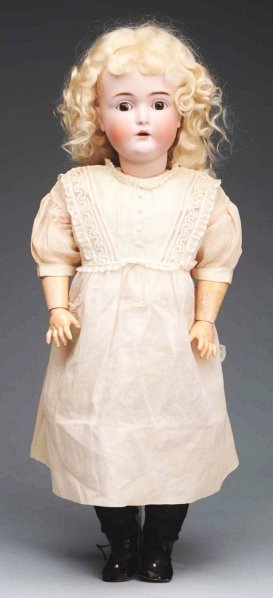 Pretty Kestner Child Doll.: German bisque socket head incised “K made in Germany 14 171” with molded multi-stroked eyebrows, sleeping eyes, open mouth with teeth and lip shading stroked, original plaster pate never removed,