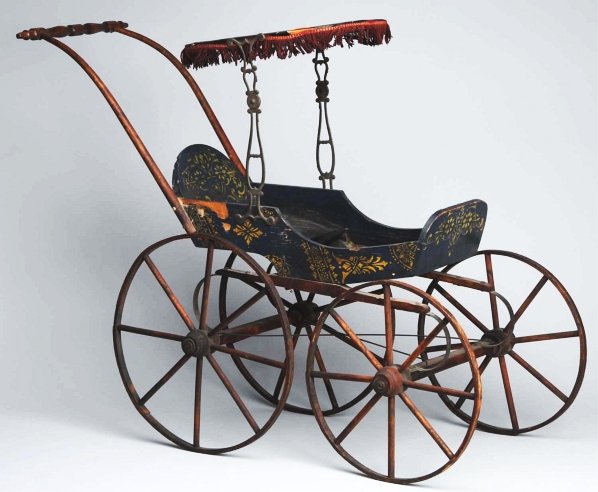 Lovely Joel Ellis-Type Doll Carriage.: Blue stenciled carriage (some paint wear, soil, aging), wooden wheels, ornate metalwork holds the canopy. Several screws replaced, otherwise appears all original. Condition (Good). Size 26" x 26 - 1/2