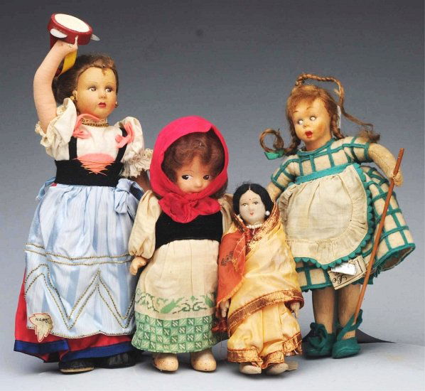 Lenci Miniature & 3 Additional Dolls.: Cute little Lenci “Orphan Annie” in original felt outfit with two Lenci tags (overall dust); Lenci-type felt doll “Napoli” girl with tambourine, all original; composition peasant girl, all ori