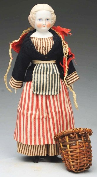 Attractive Blonde Parian Lady Doll.: German bisque shoulder head with 1860s hairdo, center part with all around sausage curls, blue painted eyes with black eyelash line and red eyelid line, one-stroke tapered eyebrows, rosy cheeks, close