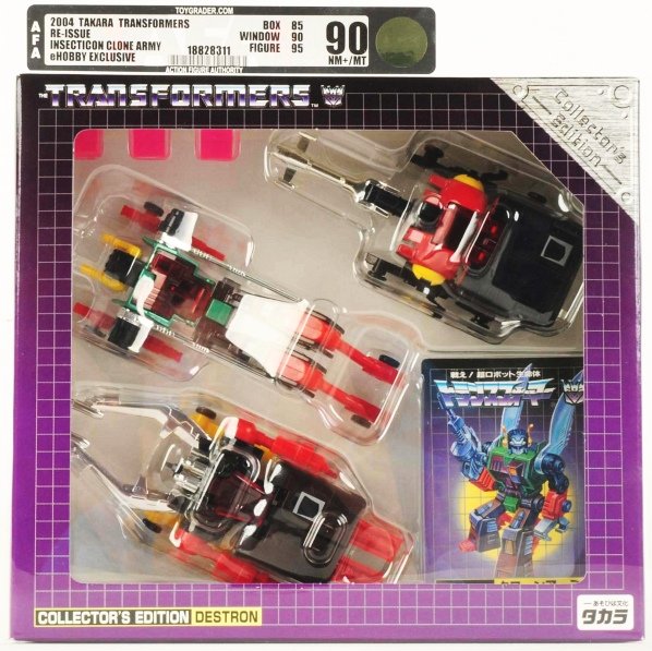 Transformers Insecticons Diaclone Versions AFA 90: Takara. Diaclone robot toys pre-dated Transformers, so E-hobby decided salute the colorations of the pre-Transformers Insecticons with this set. Exceptional AFA 90 condition set. Condition (Near Mint)