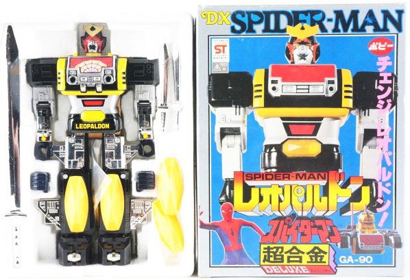 GA-90 DX Leopaldon.: Popy. Spiderman's robot in the Deluxe size. This rendition transforms into a space age jet. Robot box features some excellent art as well as cutaway illustration. New old stock toy. Condition (Near Mi
