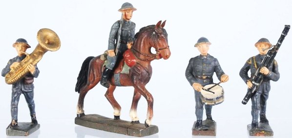 Lineol 7.5cm Portuguese Mounted & Band Figures.: Includes three Portuguese musicians and one mounted. Hairline crack on horse's base. Condition (Very Good - Excellent).