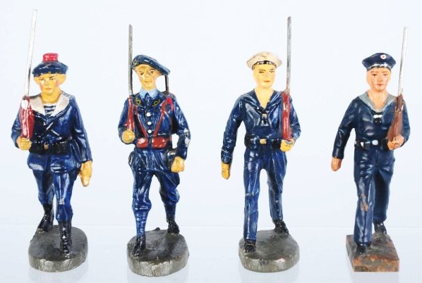 Elastolin & Lineol Naval Figures.: Includes three different 7cm composition Naval figures and a French mountaineer. Condition (Very Good - Excellent).