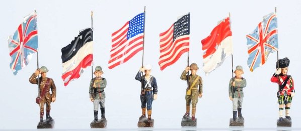 Lineol 6.5cm Flag-Bearer Lot.: Includes six smaller size Lineol flagmen. Condition (Good).
