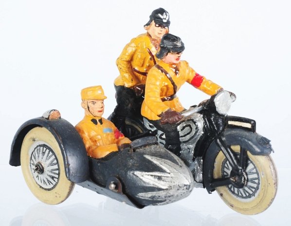 Lineol SA Motorcycle with Sidecar.: Very nice motorcycle with matching figures. Missing windshield on sidecar. Driver has touchup. Condition (Excellent).