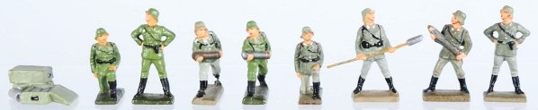 Lineol 4cm German Artillery Crew.: Includes eight soldiers and shell crate pile. Condition (Very Good - Excellent).