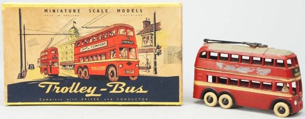 Diecast Miniature-Scale Model Toy Trolley Bus.: English. Scarce item. White rubber tires and original trolley pull. Decals read "621 Finchley". Includes driver but conductor is missing. Some paint loss or decal wear. Original box is colorful and ma