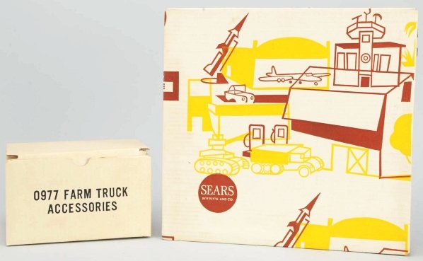 Lot of 2: Marx & Allstate Playsets.: American. Includes one Sears Allstate No. 6021 Irrigated Garden Set still stapled in original box. Also includes one Marx No. 977 Farm Truck Accessories set with instruction sheet. Condition (Near Min