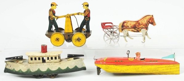 Lot of 4: Vehicle Toys.: American. Includes one tin wind-up Girard handcar, one tin wind-up Lindstrom Baby Wee Boat, one Gibbs horse-drawn cart, and one Dayton friction gun boat. Various conditions. Condition (Very Good). Siz