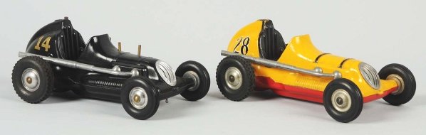 Lot of 2: Cast Metal Thimble Drome Race Car Toys.: Gas-powered. One has an engine. Includes No. 14 that has been repainted and No. 28 with some chipping and wear. Condition (Very Good). Size Largest: 10" L.