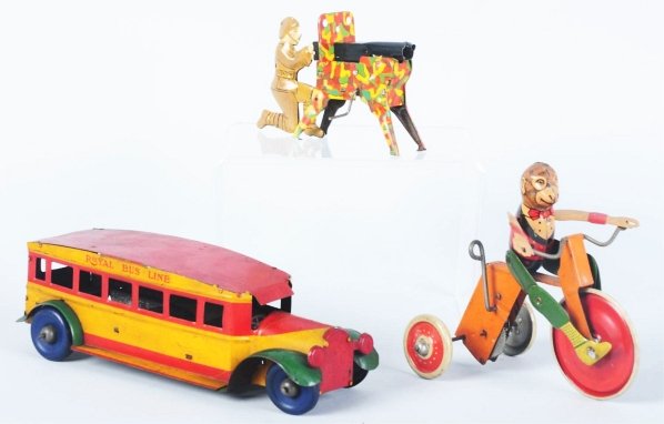 Lot of 3: Tin Litho Marx Toys.: American. Includes one Royal Bus Line Bus missing mechanism, one Monkey Cyclist with replacement arms, and one Machine Gunner with replaced figure. Condition (Good - Very Good). Size Largest: 9 - 1/2"